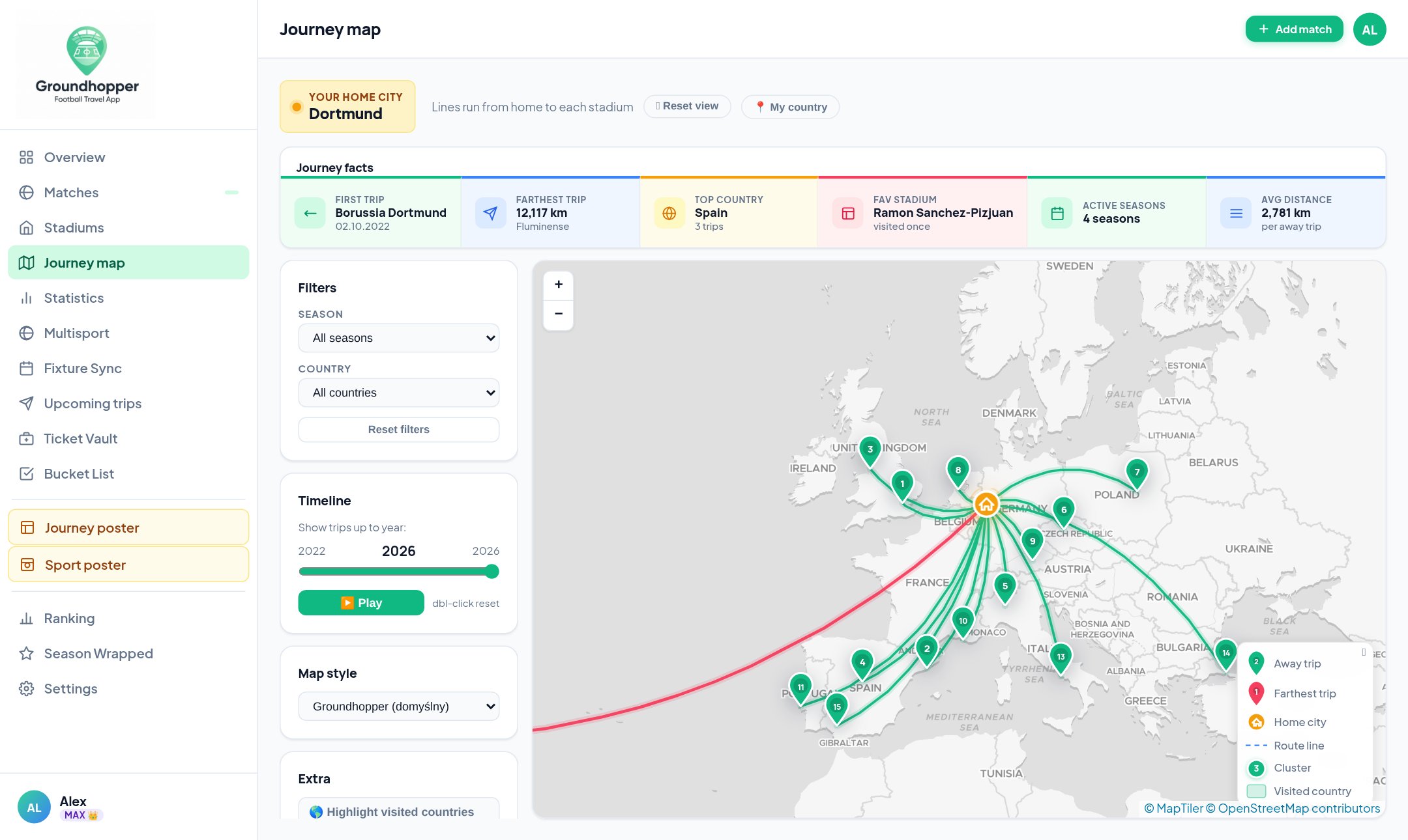 Journey map — routes from your home city to every stadium